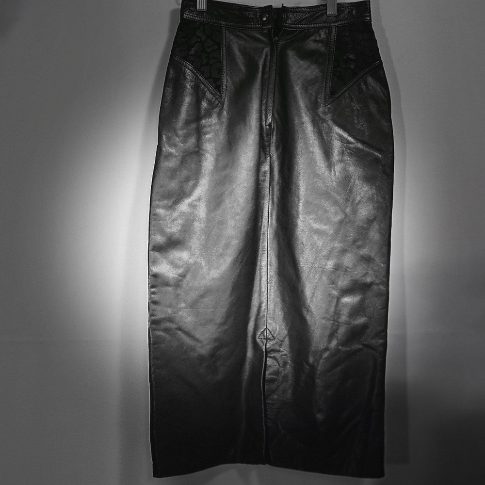 Vintage Genuine Leather With Leopard Print Pencil Skirt Color Black - Picture 7 of 8